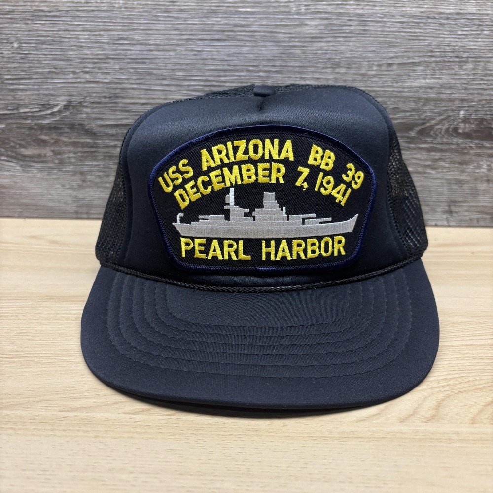 USS Arizona Pearl Harbor Hat Cap Snap Back Black Mesh Trucker Mens One Size
